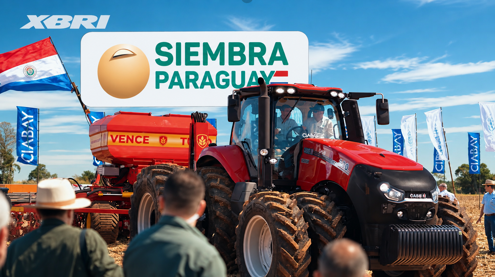 在Siembra Paraguay 2026全国大豆播种启动仪式上,一台挂载播种机的拖拉机正在作业